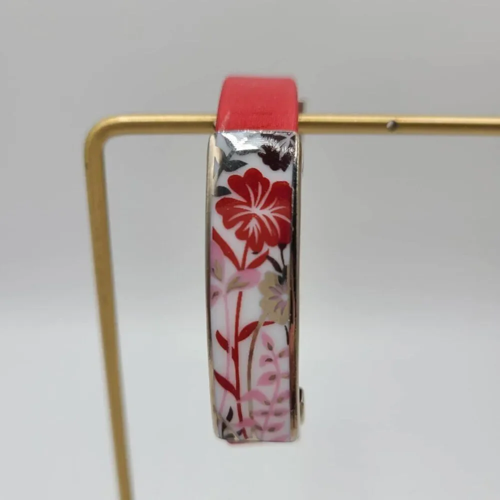Bernaraud Limoges Porcelain Red Floral Red Leather Bracelet NWOT!